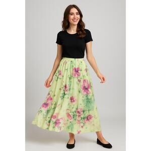 Chicwish Maxi Skirt Women XS/S Green Pink Floral Elastic Waist Watercolor Boho